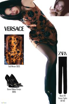 an advertisement for versa featuring a woman in tights and high heeled shoes with floral print