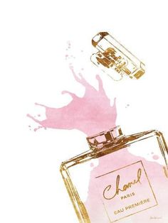 a pink and gold perfume bottle flying through the air