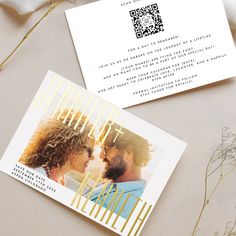 a wedding card with a photo of a couple on it next to some dried flowers