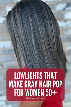 Dark Gray Lowlights With Silver Gray Highlights Lowlights On Grey Hair, Natural Salt And Pepper Hair, Gray Lowlights, Dark Hair With Silver Highlights, Grey Hair With Brown Lowlights, Gray Hair With Lowlights Over 50, Gray Highlights On Dark Hair, Darker Lowlights, Grey Hair With Purple Highlights