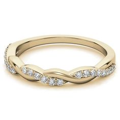 a yellow gold wedding band with diamonds on the sides and an intertwined design in the middle