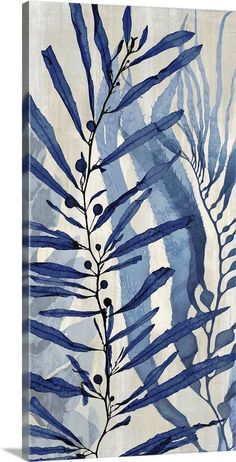 an abstract painting of blue leaves and branches on white paper with watercolor paint effect