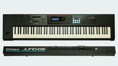 an electronic keyboard sitting on top of a black stand next to a sound board with the words roland junoos written on it