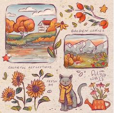 an illustration of cats and flowers with the words golden leaves written below them on paper