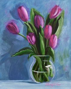 a painting of pink tulips in a glass vase on a blue background,