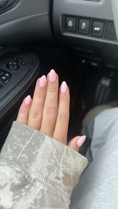 Light pink nail inspiration Light Pink Nails With Glitter Tips, Nail Inspiration Light Pink, Basic Nail Ideas Short Almond, Lights Pink Nails, Light Light Pink Nails, Basic Light Pink Nails, Light Pink Engagement Nails, Super Light Pink Nails, Pink Dip Powder Nails Almond