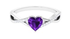 Heart Shape Amethyst Solitaire Crossover Ring with Diamond - Rosec Jewels Elegant Purple Heart Ring For Anniversary, Elegant Purple Heart Promise Ring, Elegant Amethyst Heart Promise Ring, Elegant Amethyst Heart Cut Ring, Elegant Heart-shaped Amethyst Ring With Accent Stones, Elegant Amethyst Heart Cut Ring For Anniversary, Elegant Heart Cut Amethyst Ring For Anniversary, Elegant Heart Cut Purple Amethyst Ring, Elegant Purple Amethyst Heart Cut Ring