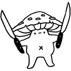 a black and white drawing of a crab holding two knives