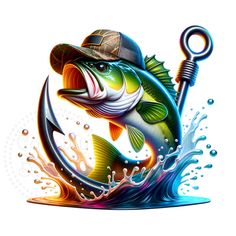 a fish jumping out of the water with a fishing hook in it's mouth