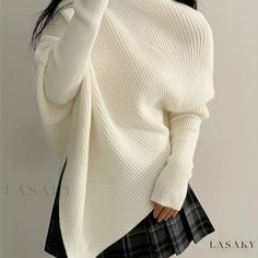 Lasaky - Fall-Winter Womens Clothing: Elegant Batwing Sleeve Sweater with Asymmetrical Hem and Turtle Neck Design Lazy Fashion, Split Sweater, Batwing Sleeve Sweater, Hem Sweater, I Like That, Asymmetrical Hem, Batwing Sleeve, Sweater Sleeves, Outfits Casuales