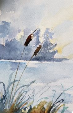 watercolor painting of grass in front of the ocean