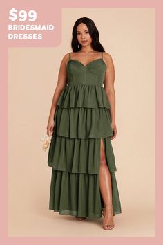 a woman in a green dress with the words $ 99 bridesmaid dresses on it