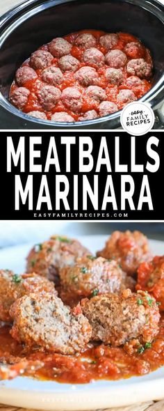 meatballs marinara in a slow cooker with text overlay