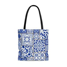 "Beautiful Blue tile tote bag, available in 3 sizes. .: 100% Polyester .: Boxed corners .: Black inner stitching, transparent thread on hems. .: Black cotton handles .: With non-woven laminate inside .: Size tolerance 0.75\" (1.9 cm)) .: Assembled and printed in the USA" Blue Square Bag For Gifts, Blue Square Bag For Gift, Square Blue Gift Bag, Blue Bohemian Bag For Shopping, Blue Bohemian Gift Bag, Blue Tote Bag For Gift, Blue Tote Bag, Blue Tote, Moroccan Tile