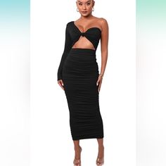 Xllais One Shoulder Bodycon Maxi Long Fsexy Tight Cut Out One-Piece Dress New With Tags Size Large High Stretch Black Bodycon Dress For Date Night, Black High Stretch Bodycon Dress For Date Night, Black Stretch Flirty Bodycon Dress, Chic High-stretch Bodycon Dress For Night Out, Chic High Stretch Bodycon Dress For Night Out, Black High Stretch Bodycon Dress For Night Out, Trendy Black Ruched Bodycon Dress, Navy Long Dress, Cottage Core Dresses