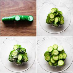 four pictures of cucumbers in a glass bowl with green stuff on the side