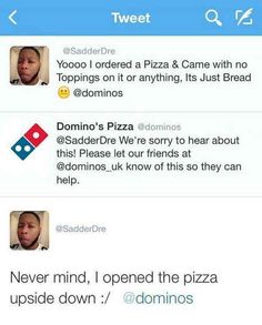 two tweets that have been posted to someone who is eating pizza and drinking soda