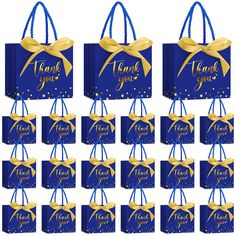 blue gift bags with gold ribbon and thank you name on the front, set of 10