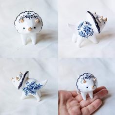 four different pictures of small figurines in the shape of animals with flowers on them