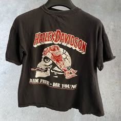 Harley Shirt Outfit, Vintage Letter Print Tops For Biker Events, Vintage Cotton Tops With Skull Print, Vintage Distressed Tops For Halloween, Grunge Cotton Tops For Biker Events, Vintage Acid Wash Tops With Vintage Print, Acid Wash Vintage Tops With Vintage Print, Vintage Distressed Halloween T-shirt, Acid Wash Vintage Top With Vintage Print