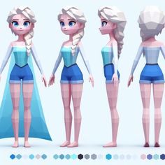 an animation character poses in different outfits