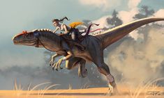 a girl riding on the back of a dinosaur