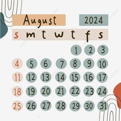 an august calendar with the date on it and numbers in red, blue, orange and white