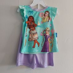 Beautiful 2t Sleepwear. New With Tag. Has Moana, Belle And Rapunzel On It. Cute Purple Shorts. Playful Purple Sets For Pajama Party, Cute Purple Sets For Sleepover, Cute Purple Loungewear Sets, Purple Cotton Bedtime Top, Tinkerbell Pajamas, Disney Character Print Playwear Sets, Disney Short Sleeve Sleepwear For Bedtime, Pink Disney Character Print Sleepwear, Disney Long Sleeve Sleepwear With Character Print