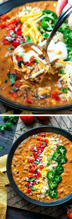 two pictures of the same soup being cooked in a skillet