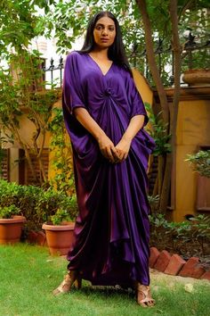 Shop for OMANA BY RANJANA BOTHRA Purple Knotty Cowl Draped Satin Kaftan for Women Online at Aza Fashions Drapes Dress, Xmen Oc, Purple Kaftan, Satin Kaftan, V Neck Kaftan, Aladdin Costume, Kaftan For Women, Satin Hands, Ethnic Outfits