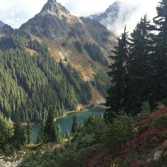 the mountains are covered with trees and water