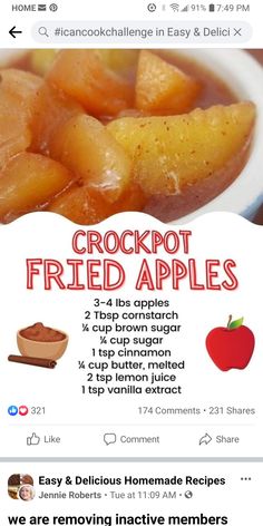 an image of a recipe for crockpot fried apples on the app store's facebook page