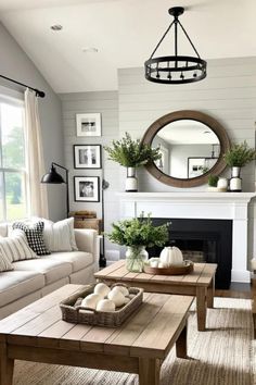 a living room filled with furniture and a fire place in front of a mirror on the wall