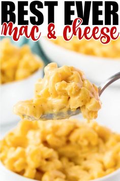 macaroni and cheese in a white bowl with a spoon full of macaroni and cheese