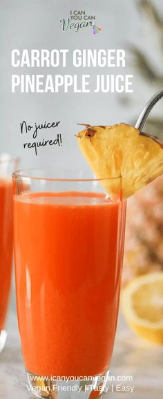 carrot ginger pineapple juice in a glass with a spoon sticking out of the top