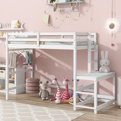 a child's bedroom with pink walls and white bunk beds, toys and decor