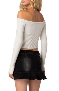 A bow-trimmed off-the-shoulder neckline sits atop this softly ribbed midriff-baring number that brings a new sassy meaning to sweater weather. Off-the-shoulder neck Long sleeves with ribbed cuffs 100% Acrilan acrylic Hand wash, dry flat Imported Tie Decor, Autumn Clothes, Boho Floral Dress, Shoulder Crop Top, Boho Maxi Dress, Dress Cuts, Crop Tshirt, Season Autumn, Middle Age