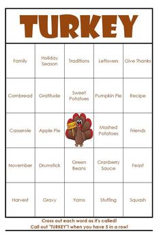 a printable thanksgiving turkey game with words and pictures on the front, in brown