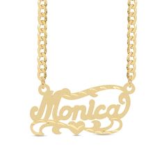 Display your name in an artful way with this personalized script necklace. Sterling silver with 14K gold plate Features your name, three to 10 characters in length, sculpted in a cursive script font in a satin finish The satin-finished scrolling ribbons and heart detail shine with diamond-cut detailing 18.0-inch curb chain necklace; lobster claw clasp Script Necklace, Cursive Script, Curb Chain Necklace, Script Font, Necklace Sterling Silver, Curb Chain, Name Necklace, Diamond Cut, Christmas List