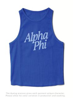 Product Color Varsity Blue Product Details University Tees UT009 Ribbed high-neck tank top Product Description Elevate your sorority wardrobe with our Varsity Blue Slanted Matching Set Tank. Crafted from the softest fabric, this tank provides ultimate comfort and style, making it a staple year round. Embrace the perfect blend of warmth and breathability with this must-have addition to your collection Note: This product is designed for a comfortable and breathable fit. It is intentionally crafted Blue Cotton Racerback Top, Fitted Blue Letter Print Tank Top, Sorority Names, Alpha Omicron Pi, University Tees, High Neck Tank Top, Weather Day, Alpha Phi, High Neck Tank