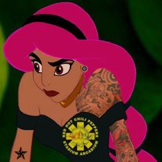 a cartoon girl with pink hair and tattoos on her arm is looking at the camera