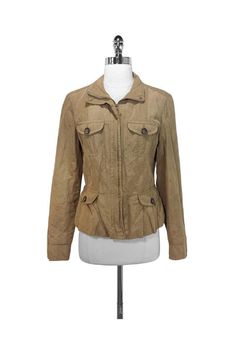 Current Boutique-Weekend Max Mara - Khaki Zip & Button Crinkle Jacket Sz 10 Spring Khaki Blazer With Buttoned Pockets, Spring Brown Utility Jacket With Button Closure, Brown Utility Jacket With Button Closure For Spring, Spring Brown Utility Jacket With Snap Buttons, Brown Single-breasted Utility Jacket For Spring, Brown Spring Utility Jacket With Snap Buttons, Brown Utility Jacket With Snap Buttons For Spring, Khaki Utility Jacket With Button Cuffs, Khaki Blazer With Flap Pockets For Spring