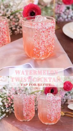 three glasses filled with pink liquid and sprinkles sitting on top of a table