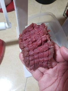 a hand holding up a piece of meat