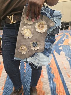 Custom made denim & leather clutch. Accented with leather flowers and animal prints Chic Brown Spring Clutch, Trendy Leather Clutch, Designer Leather Bags For Spring, Designer Brown Bags For Spring, Brown Clutch For Everyday Spring Use, Flower Clutch, Wedding Bags, Leather Flower, Custom Denim