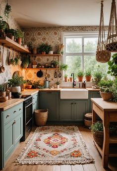 a kitchen filled with lots of plants and hanging pots