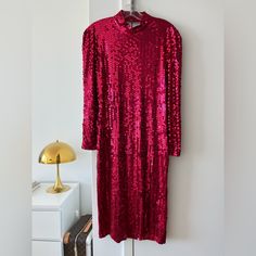 Vintage Oleg Cassini Sheath Sequin Dress Color: Magenta - Close To Red Sequin Embellishments Long Sleeve With Mock Neck Concealed Zip Closure At Back, Back Is Open Bust: 32" Waist: 29" Hip: 33" Length: 40.5" Fabric: 100% Polyester Size 6-8 Condition: Pristine (Never Worn) Oleg Cassini, Red Sequin, Dresses Backless, Knee Length Dress, Sequin Dress, Mock Neck, Knee Length, Colorful Dresses, Womens Dresses