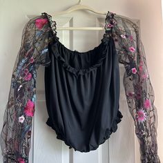 Xl From Shien. Never Worn, No Issues. Great Condition Black Long Sleeve Tops With Floral Embroidery, Black Floral Embroidered Long Sleeve Tops, Black Embroidered Stretch Tops, Black Top With Floral Embroidery For Night Out, Black Tops With Floral Embroidery For Night Out, Black Embroidered Tops For Night Out, Embroidered Black Blouse For Night Out, Black Embroidered Blouse For Night Out, Black Blouse With Floral Embroidery For Night Out