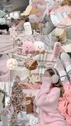 a collage of pink and white items including teddy bears, sweaters, pillows, blankets