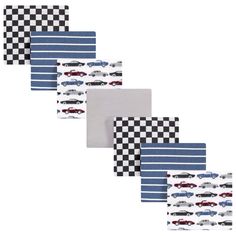 five placemats with cars on them in blue and white striped paper, one has a checkerboard design